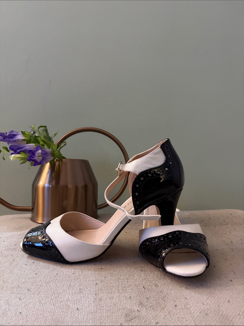 chelsea crew Black and White Two-Tone T-Strap Heels